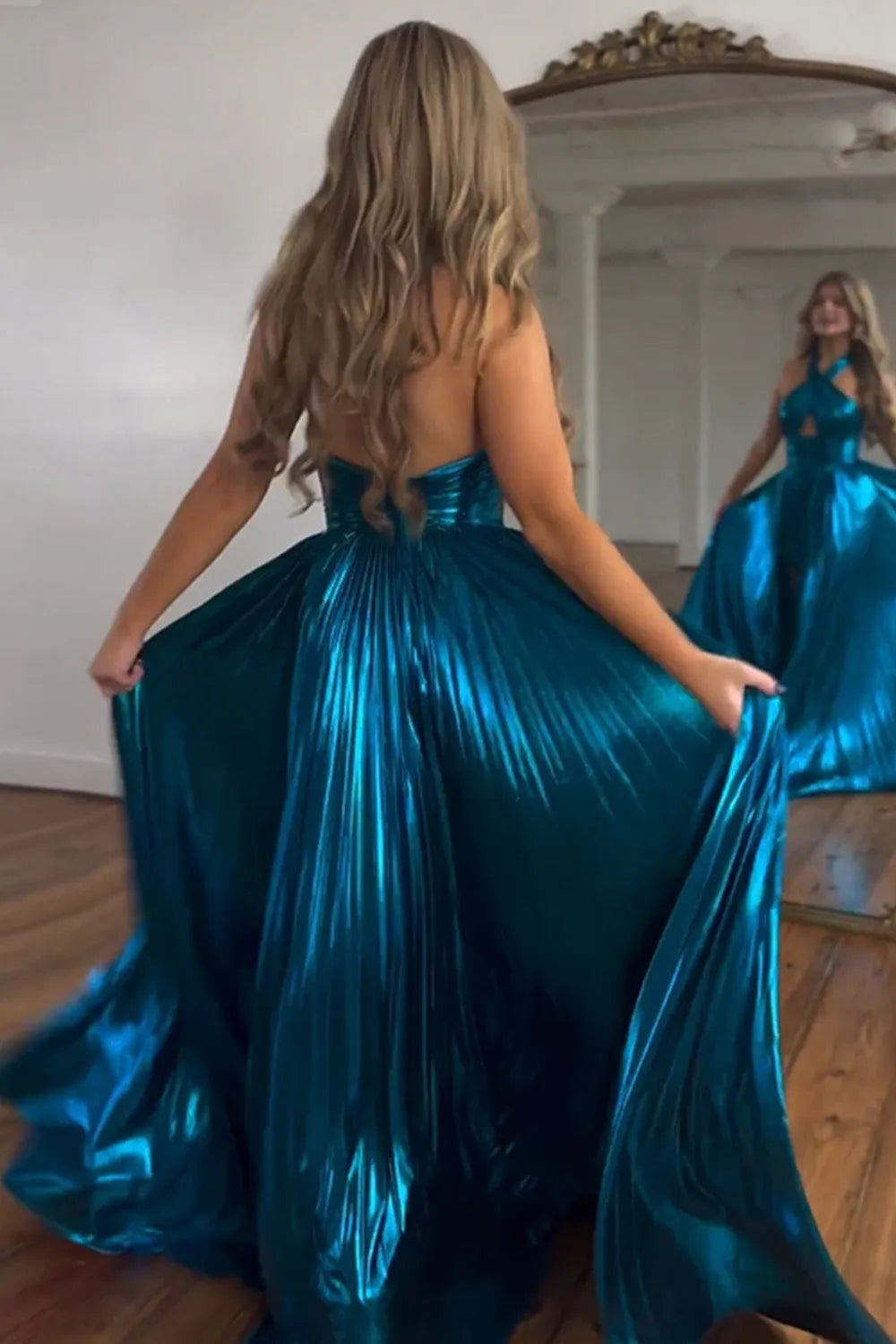 Wholesale Peacock Blue Halter Neck A-Line Long Bright Prom Dress With Split long prom dresses with sleeves